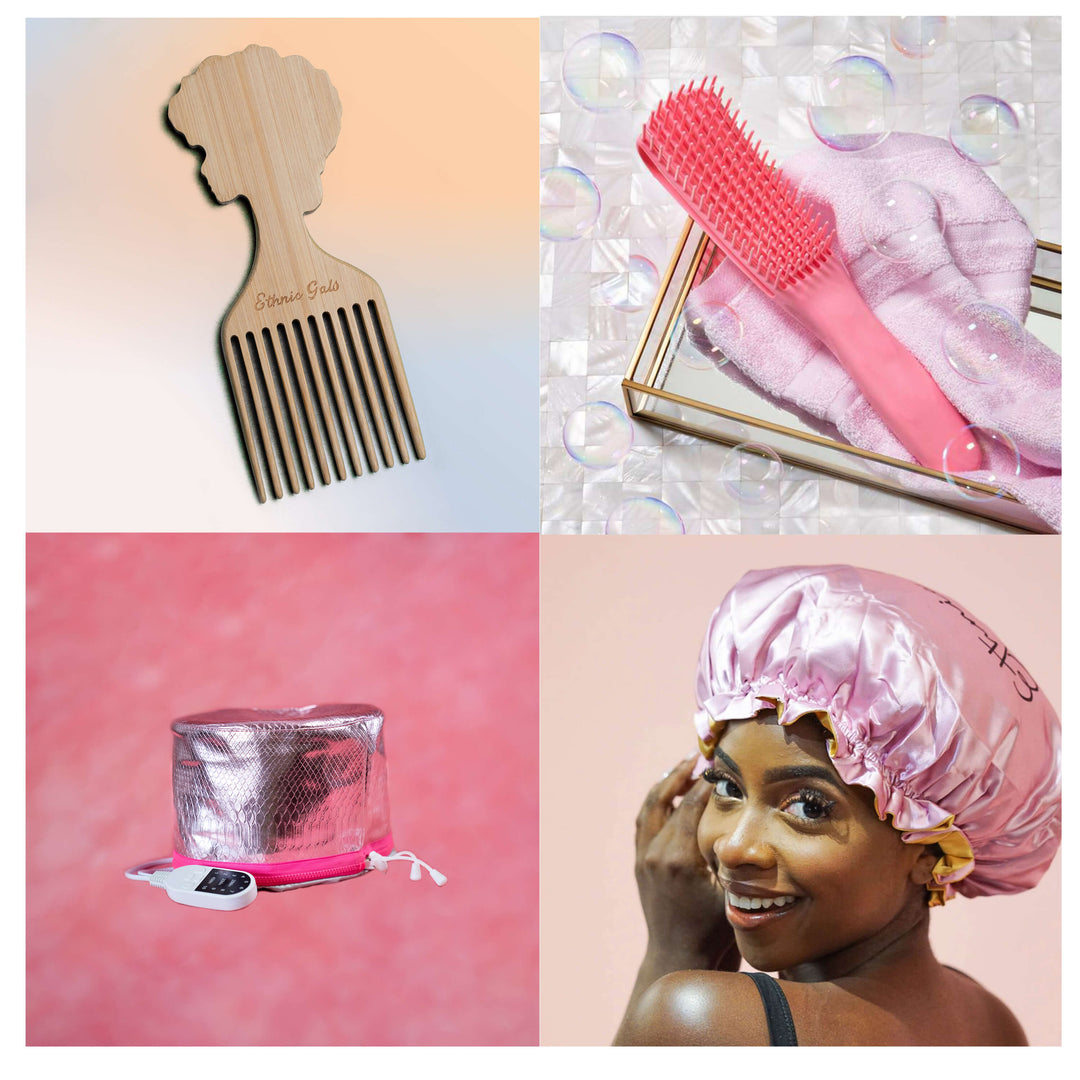 Hair Accessories Bundle - Afro Pick, Detangling Brush, Heat Cap & Satin Bonnet