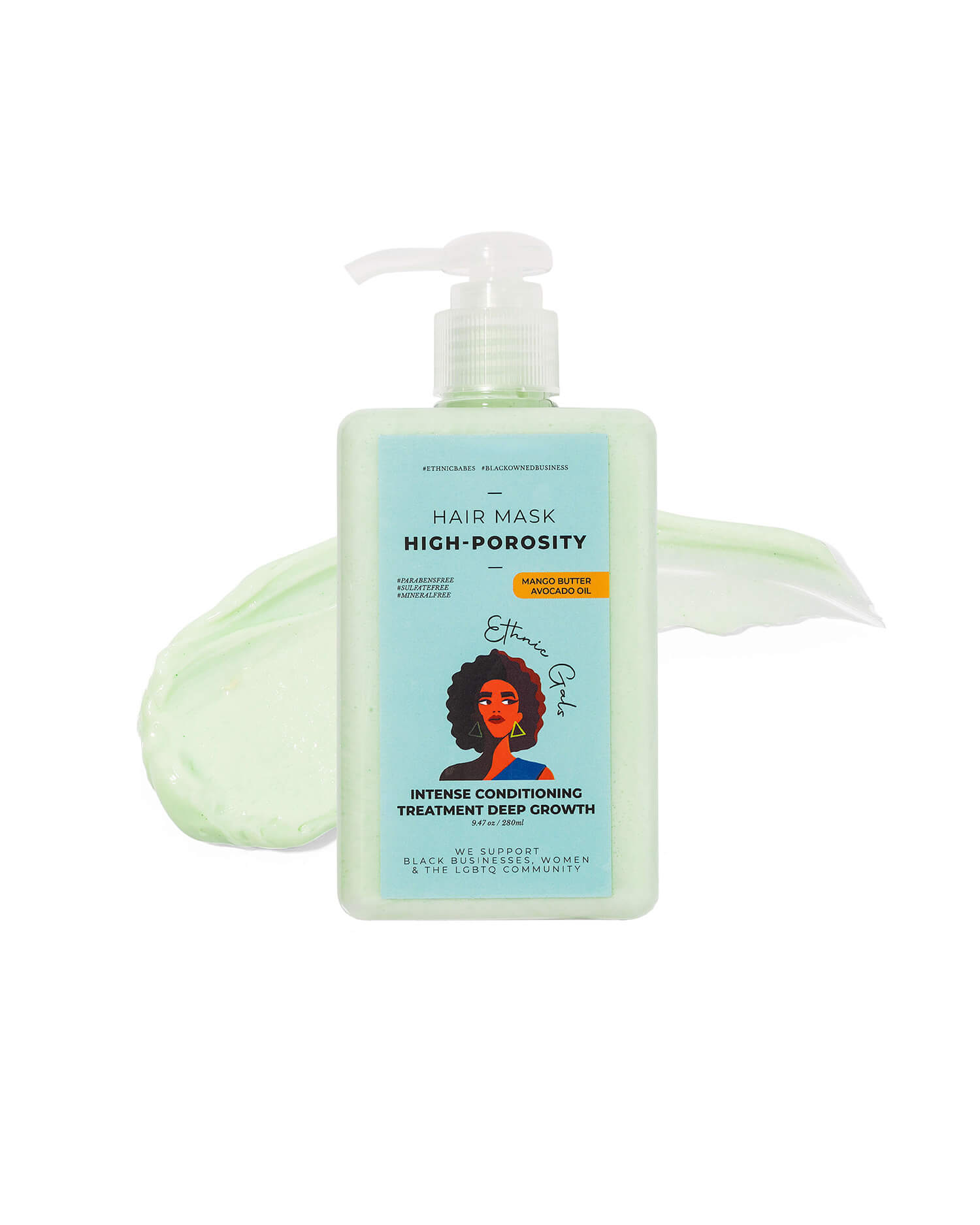 Hair mask bottle with pump for high-porosity hair on a white background