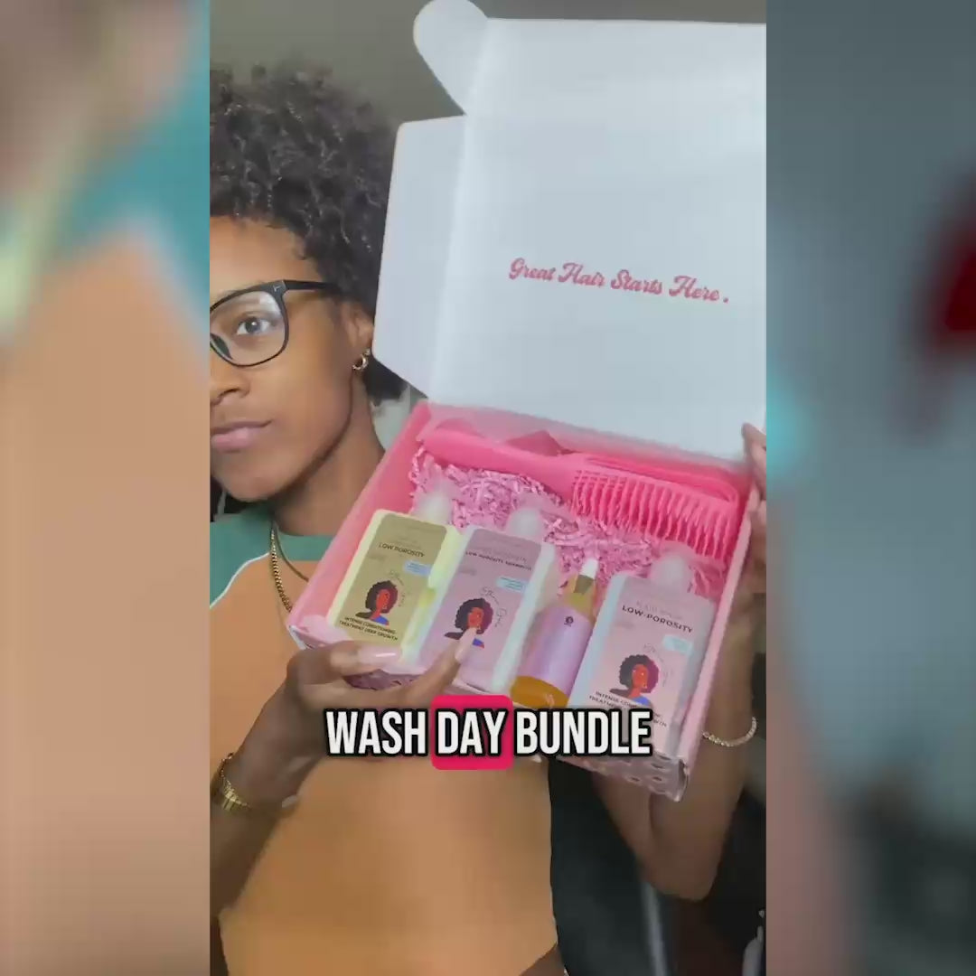 Low Porosity Full Wash Day Bundle - Hydration & Growth Bundle (Shampoo, Mask, Leave-Ins, Oils, Bonnet, Afro Pick) - 60 Day Supply