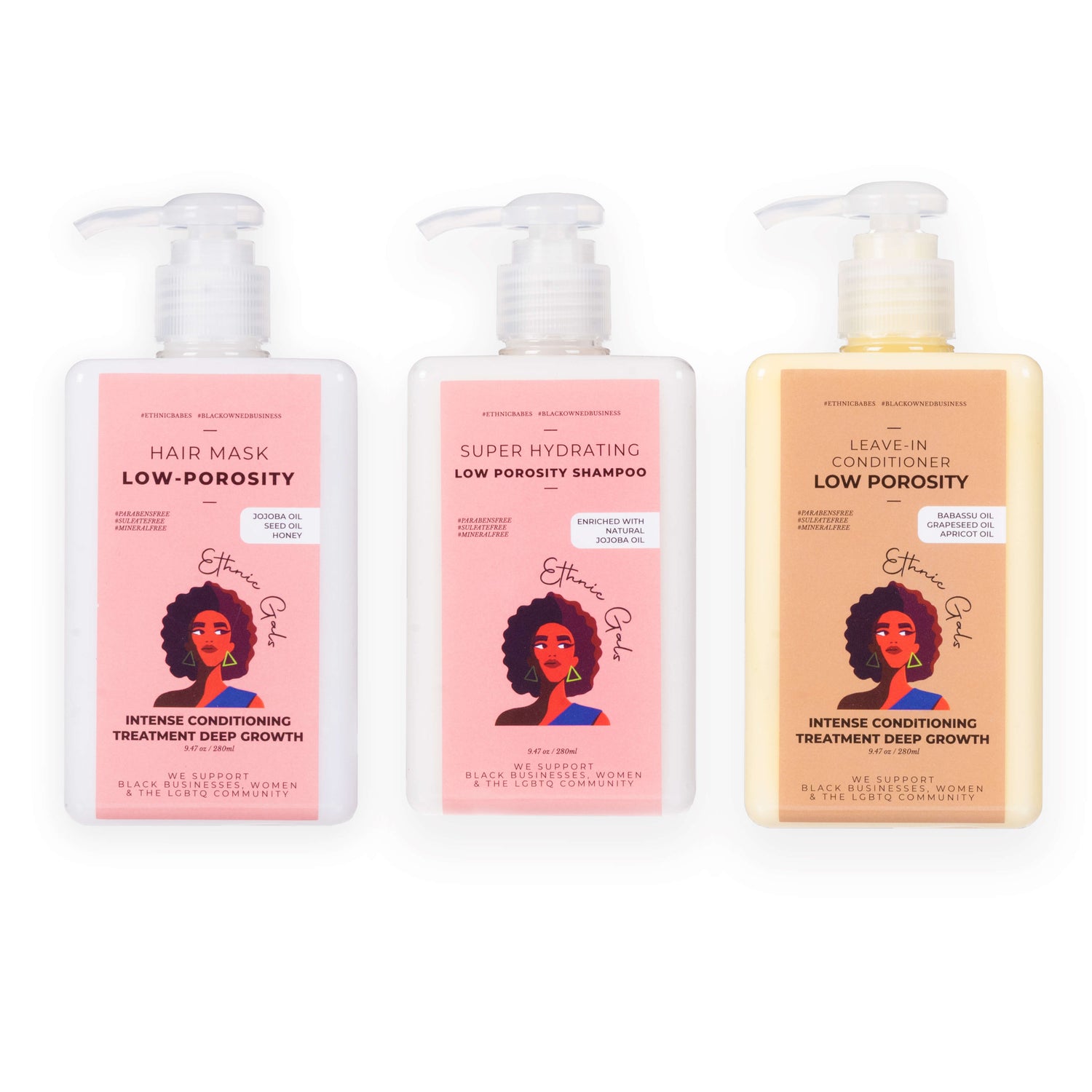 Ethnic Gals Low Porosity Hair Refill Bundle - Shampoo, Hair Mask & Leave-In Conditioner (250ml Each)