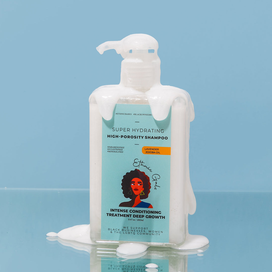 White shampoo bottle with a label featuring an image of a woman with an afro on a blue background