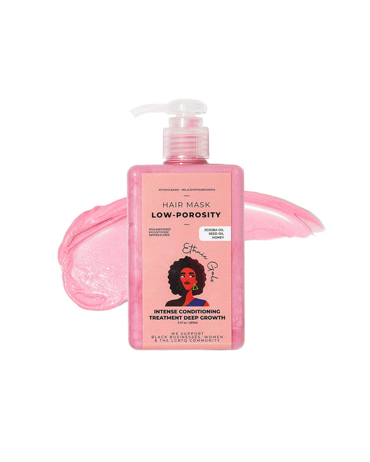 Pink hair mask bottle with pump on a white background