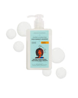 Shampoo bottle with a label featuring a woman's face on a white background