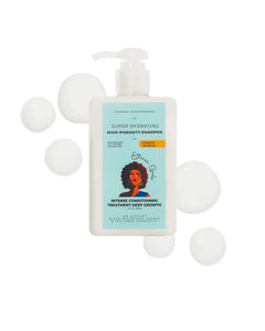 Shampoo bottle with a label featuring a woman's face on a white background