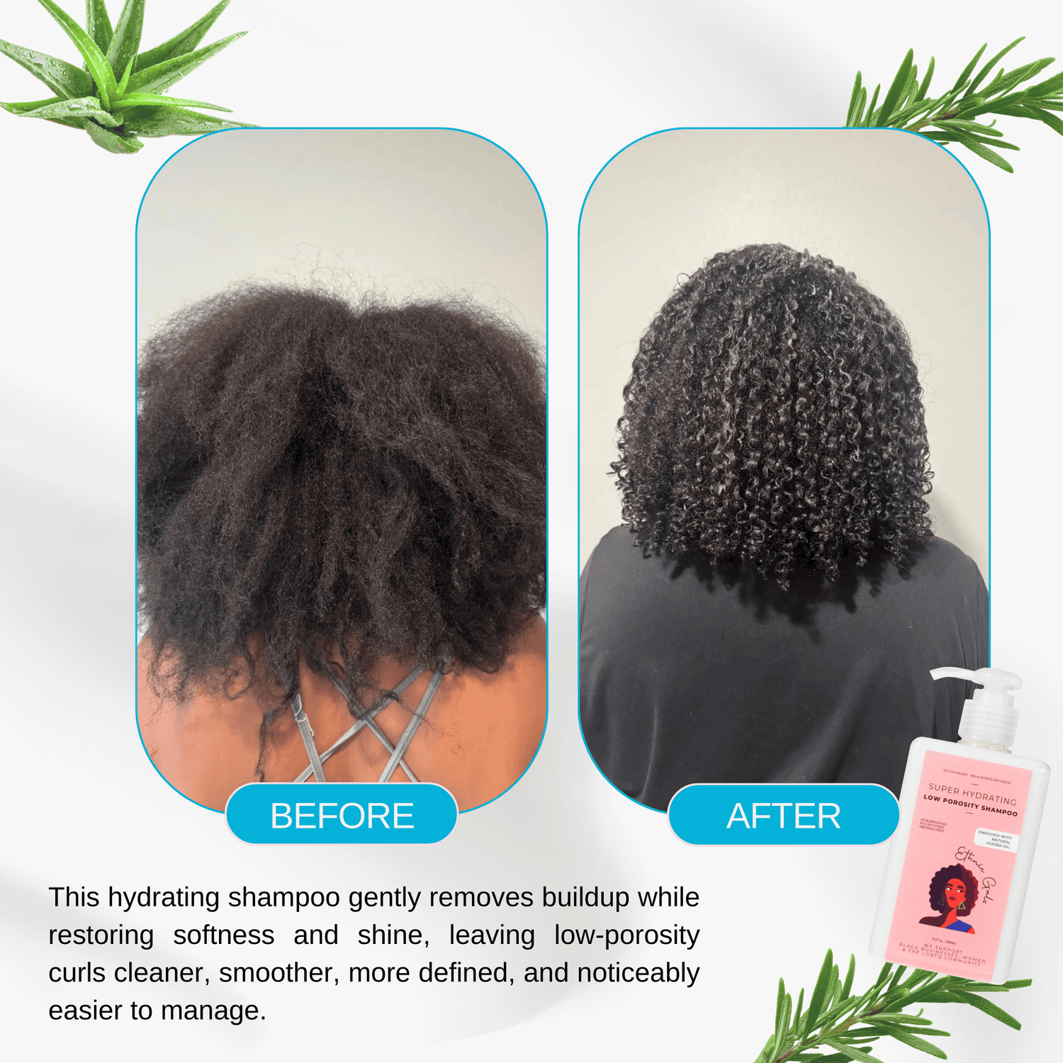 Before and after comparison of hair with a hydrating shampoo product.