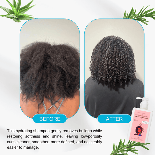 Before and after comparison of hair with a hydrating shampoo product.