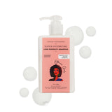 Shampoo bottle with a pink label featuring an illustration of a woman on a white background