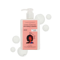 Shampoo bottle with a pink label featuring an illustration of a woman on a white background
