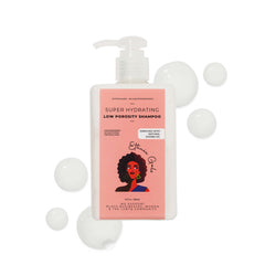 Shampoo bottle with a pink label featuring an illustration of a woman on a white background