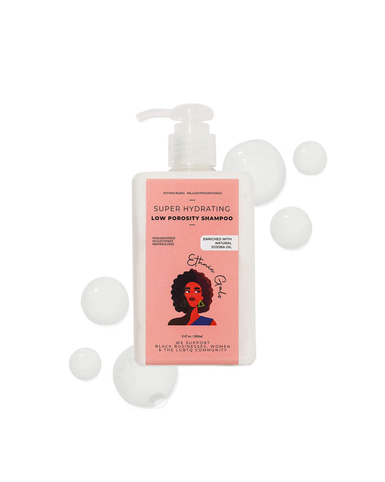 Super hydrating low porosity shampoo bottle with a pink label featuring an illustration of a woman with an afro on a white background.