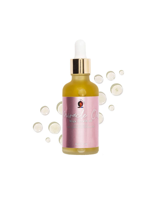 Bottle of 'Mega Growth Hair Oil' with dropper on a white background